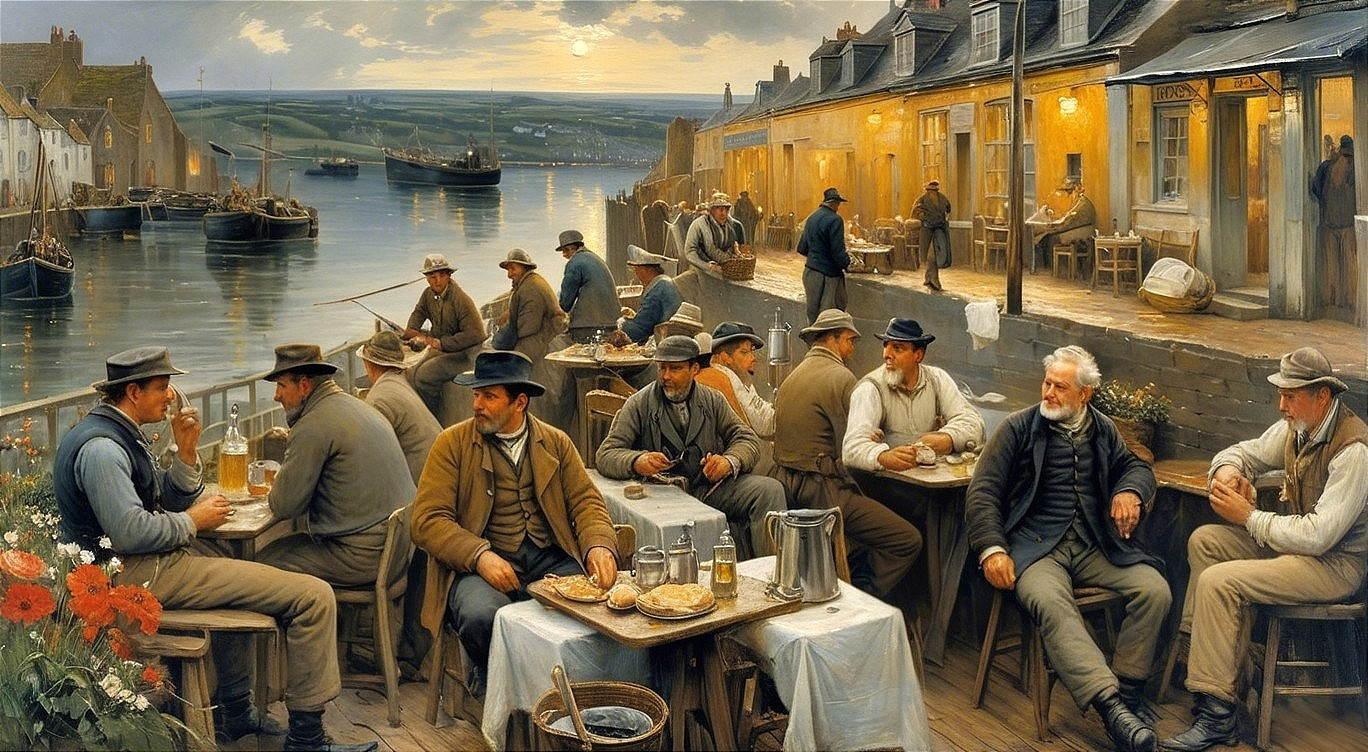 Coastal Pub Scene with Fishermen and Warm Ambiance