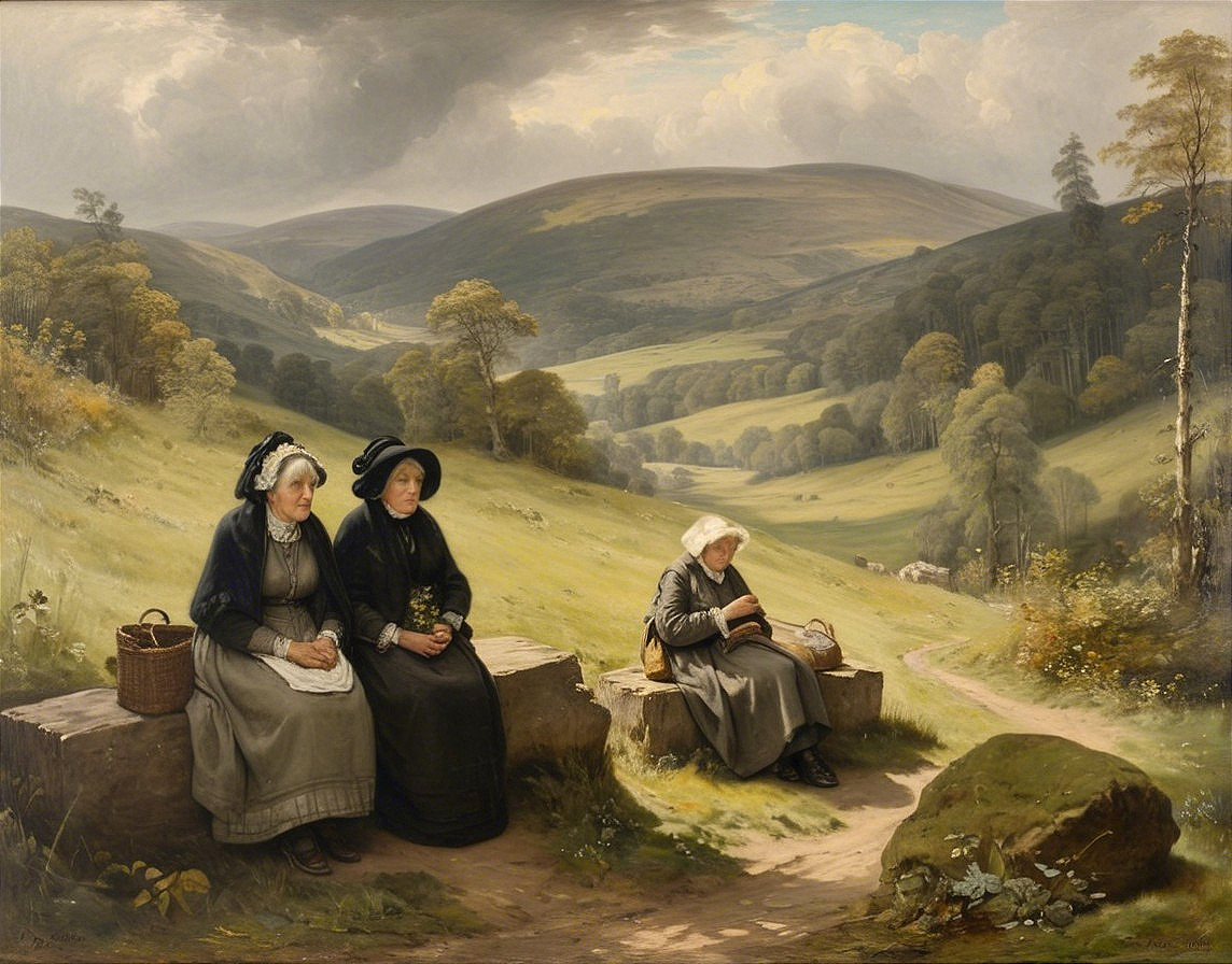 Women in Traditional Attire in a Serene Landscape