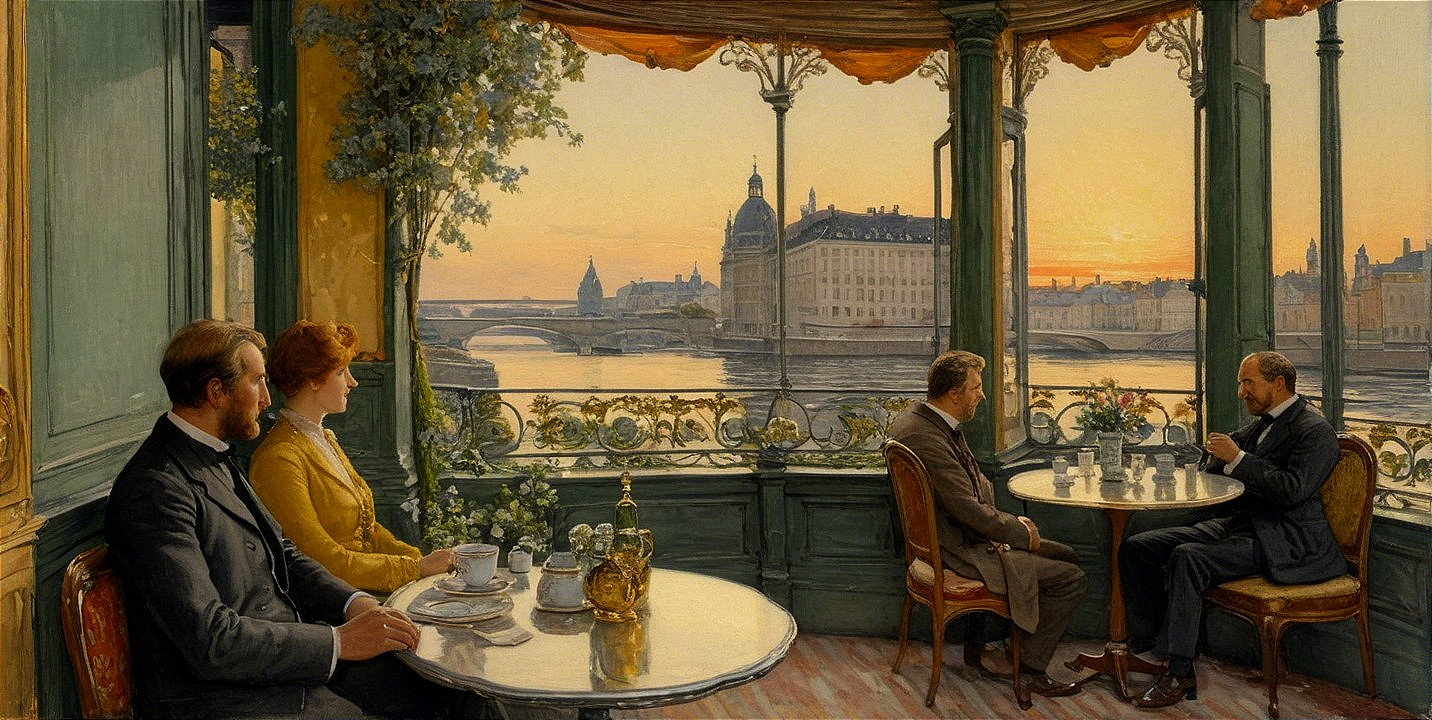 Elegant café interior with patrons and city sunset view
