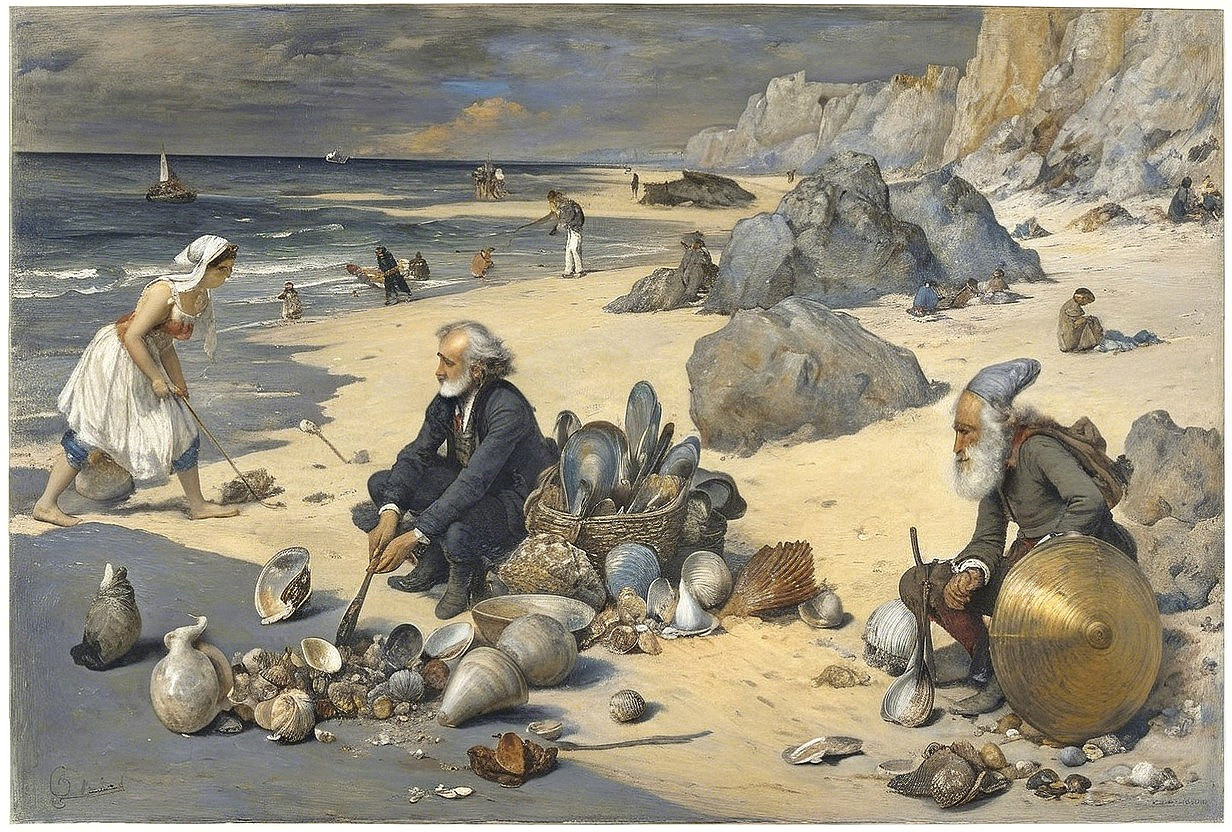 Serene Beach Scene with Shell Collecting Figures