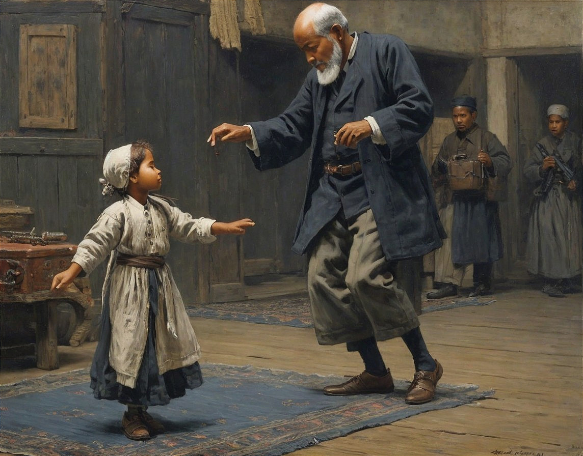 Elderly Man Dances with Young Girl in Nostalgic Setting