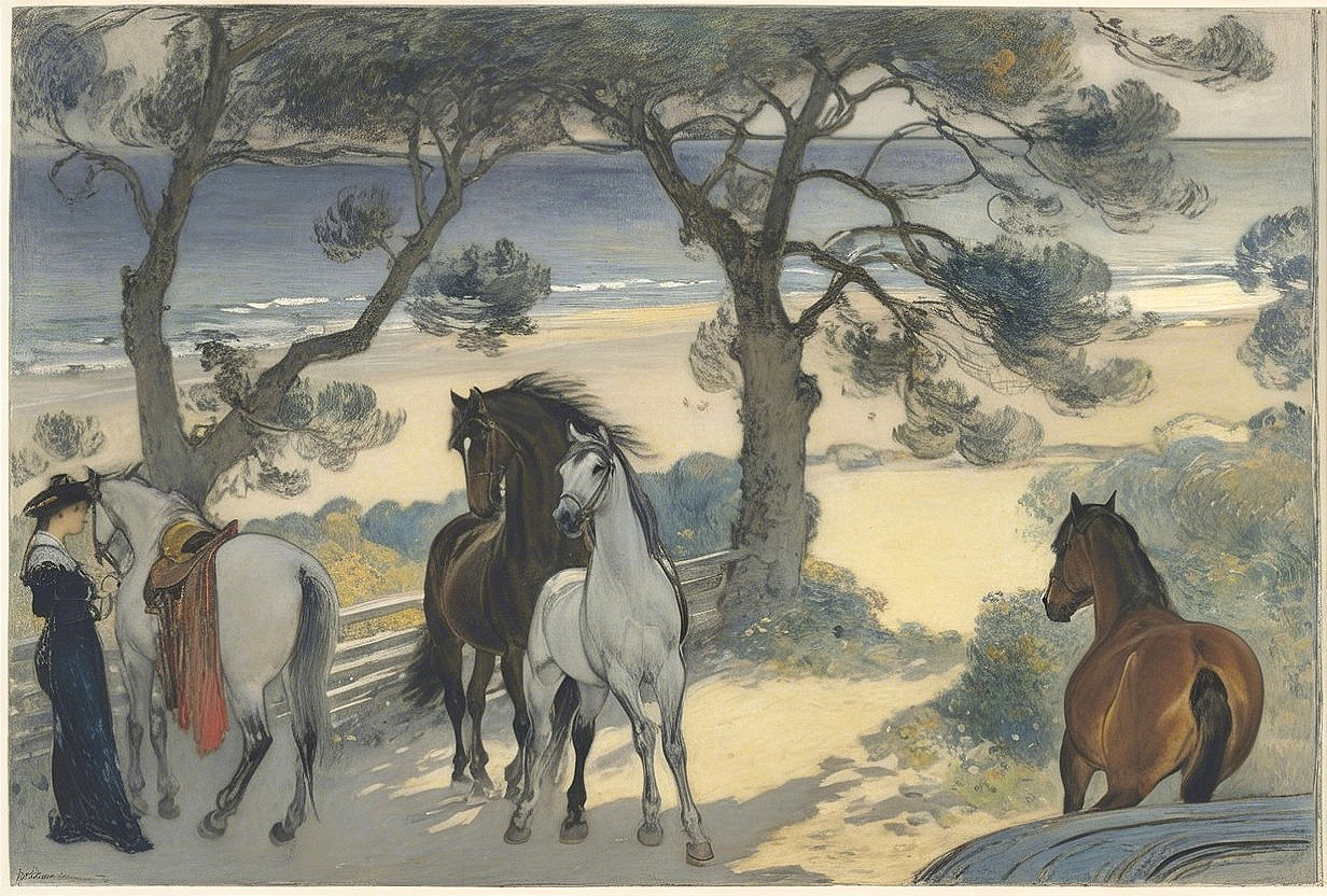 Coastal Scene with Horses and Woman by the Beach