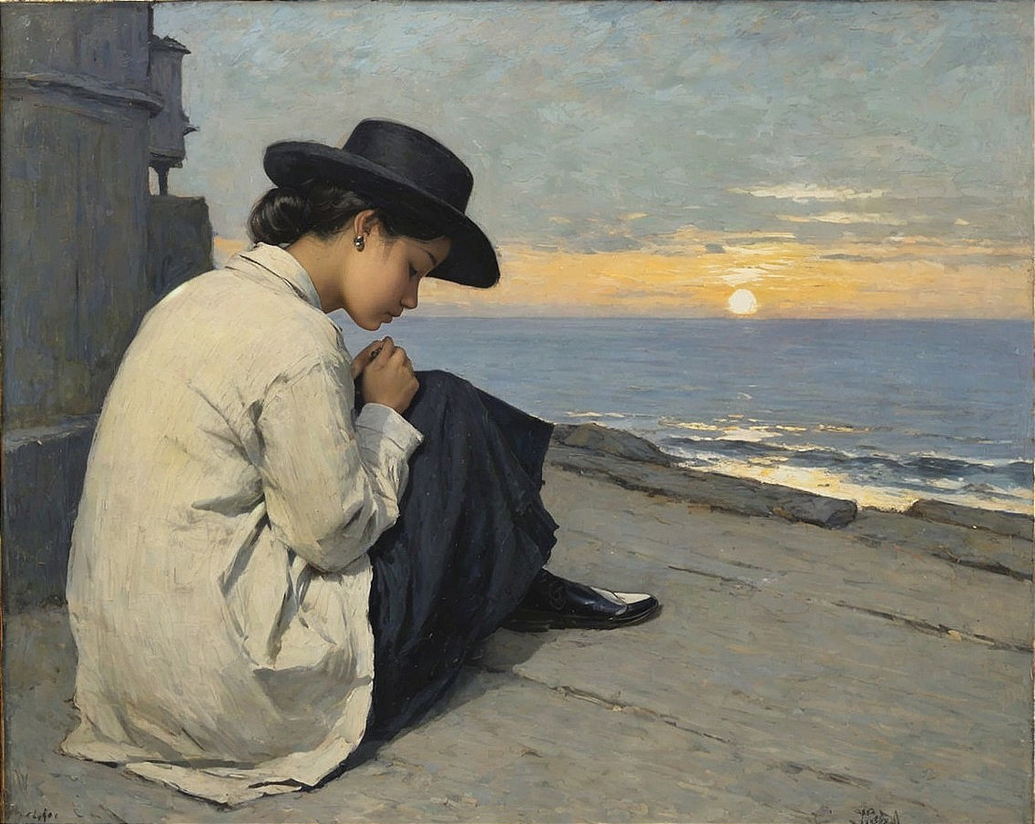 Young Woman Reflecting at Sunset on Coastal Ledge