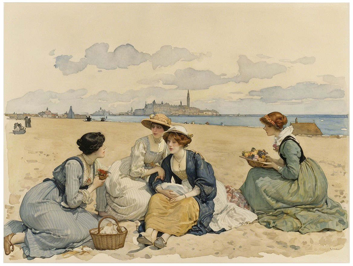Beach Scene with Women, Flowers, and Fruit Basket