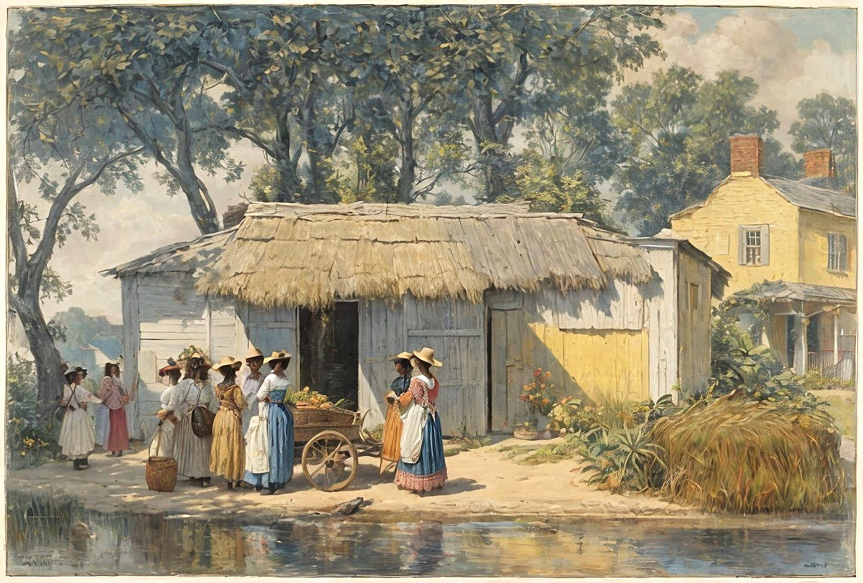 Rustic Rural Scene with Thatched Hut and Women Gathering