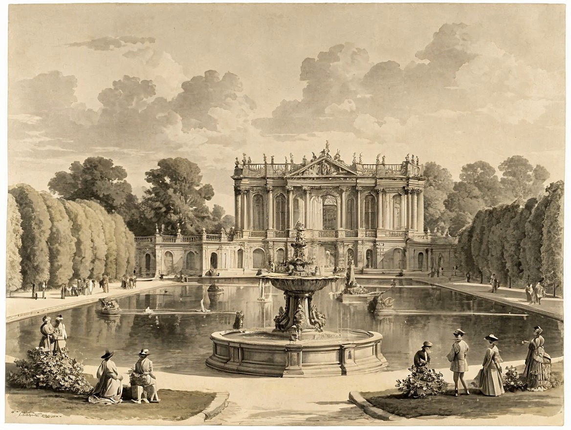 Grand palace with gardens and central fountain scene