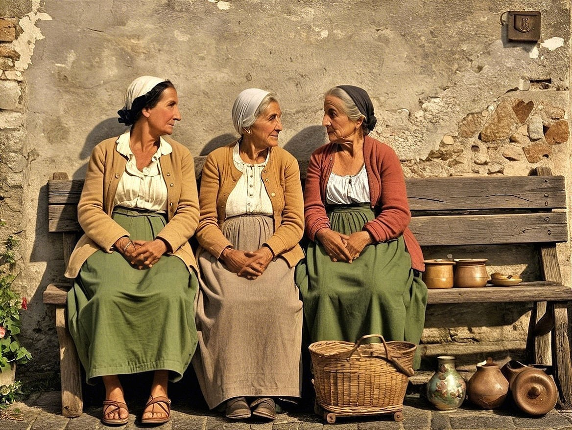Women in Traditional Rustic Clothing by Stone Wall