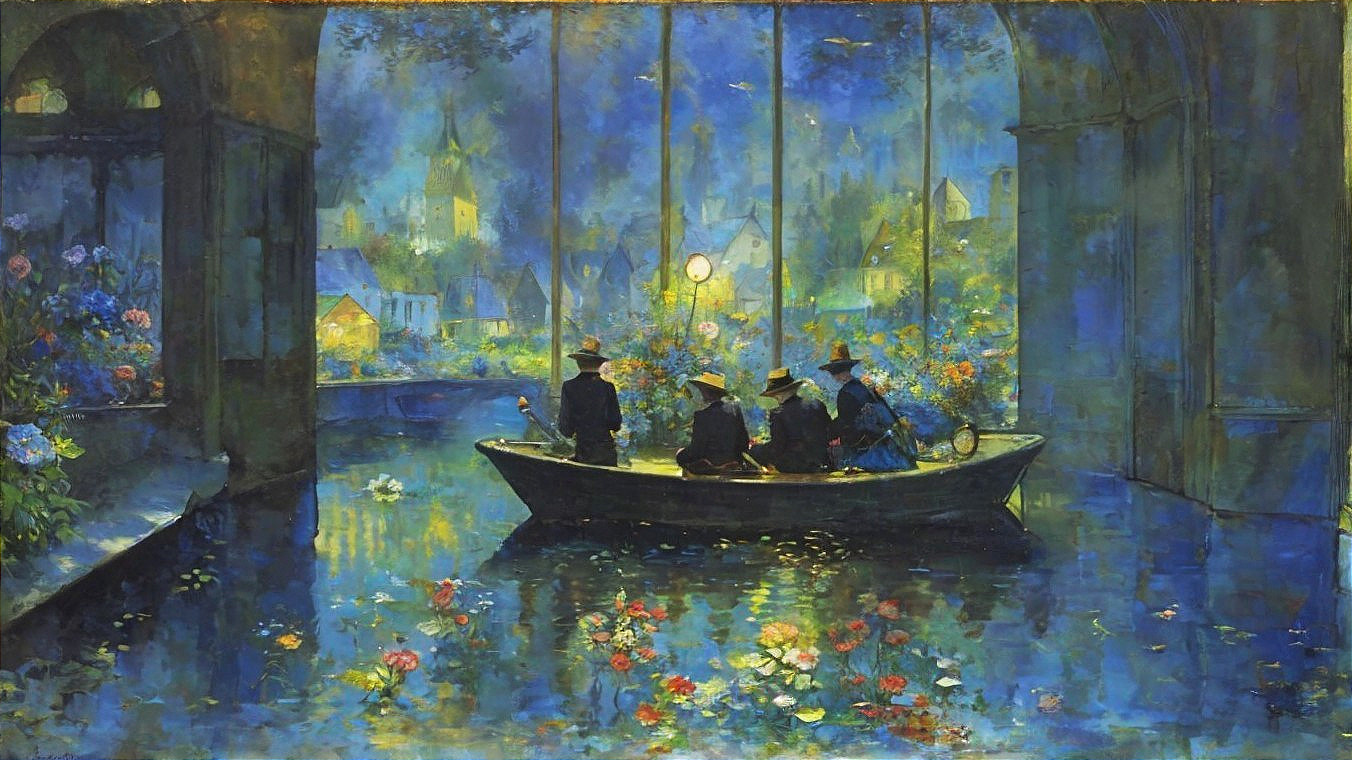 Serene Nighttime Scene with Boat and Flowers