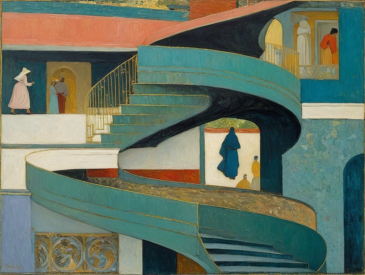 Spiraling staircase in vibrant abstract geometric space