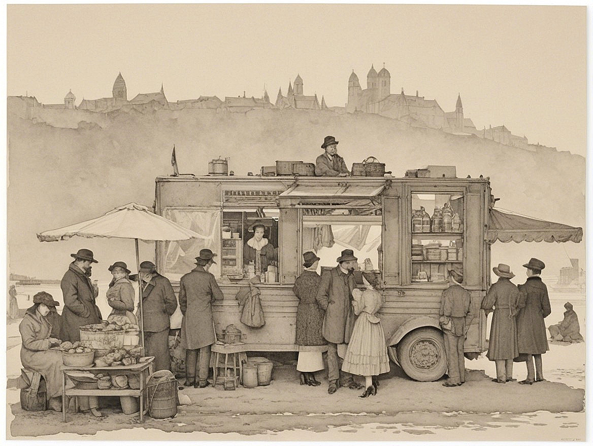 Vintage food truck scene with elegantly dressed crowd