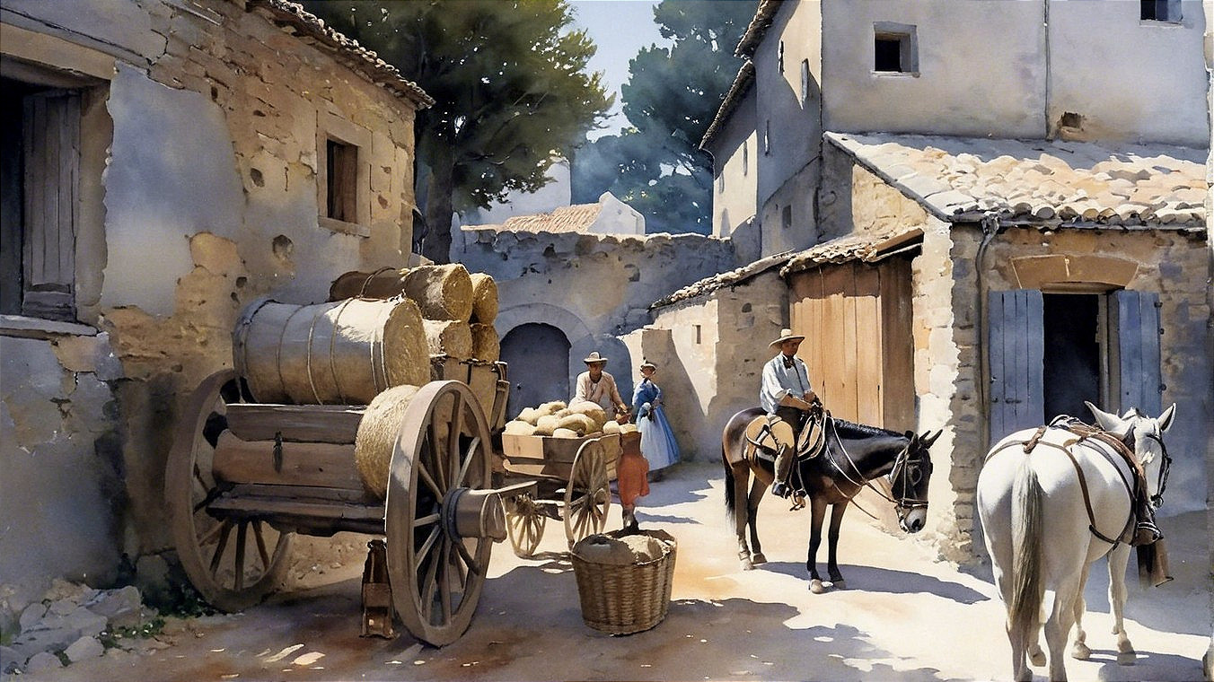 Rustic Village Scene with Horse-Drawn Carts and Trees