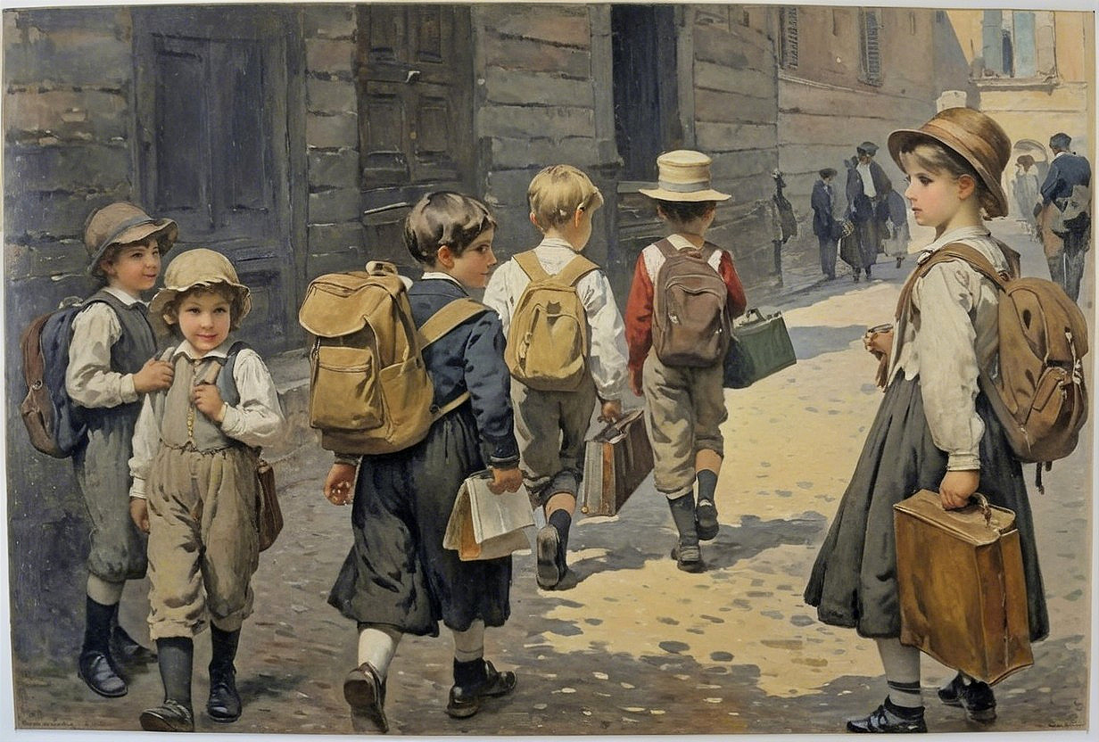 Schoolboys in Early 20th Century Attire on Cobblestone Street