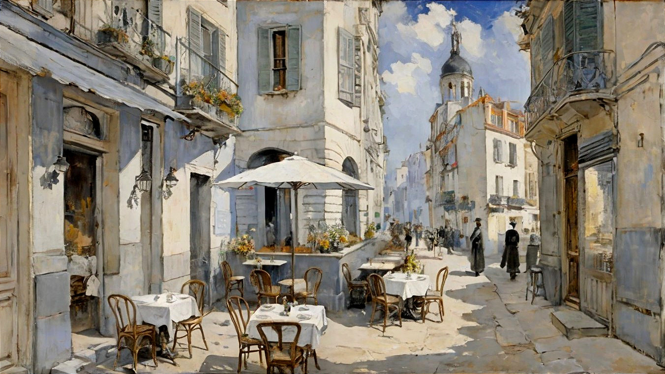 Charming Sunlit Alley with Cafés and Pedestrians