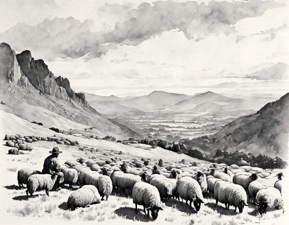 Black-and-white landscape of a shepherd and sheep