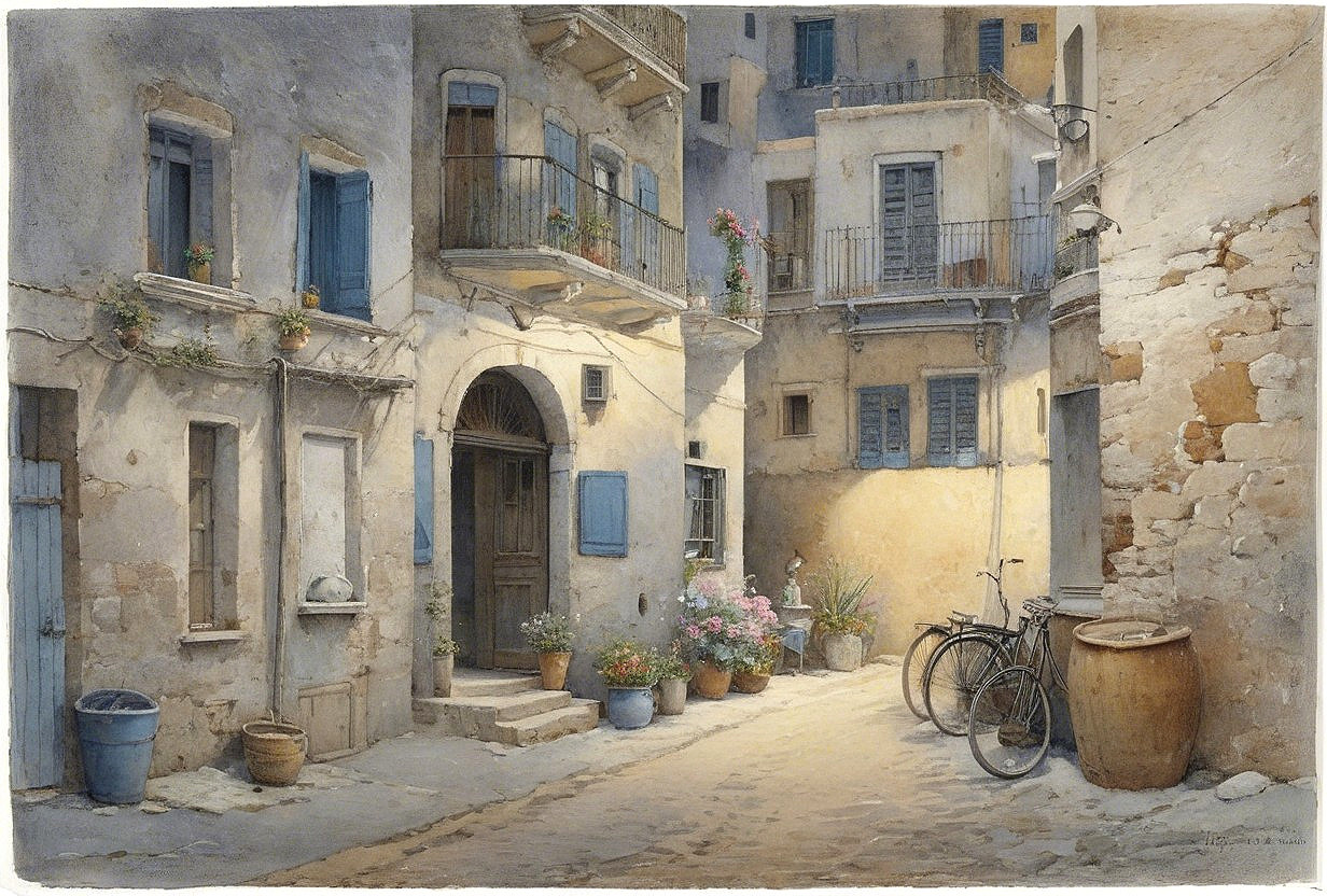 Charming Alleyway with Sunlit Buildings and Flowers