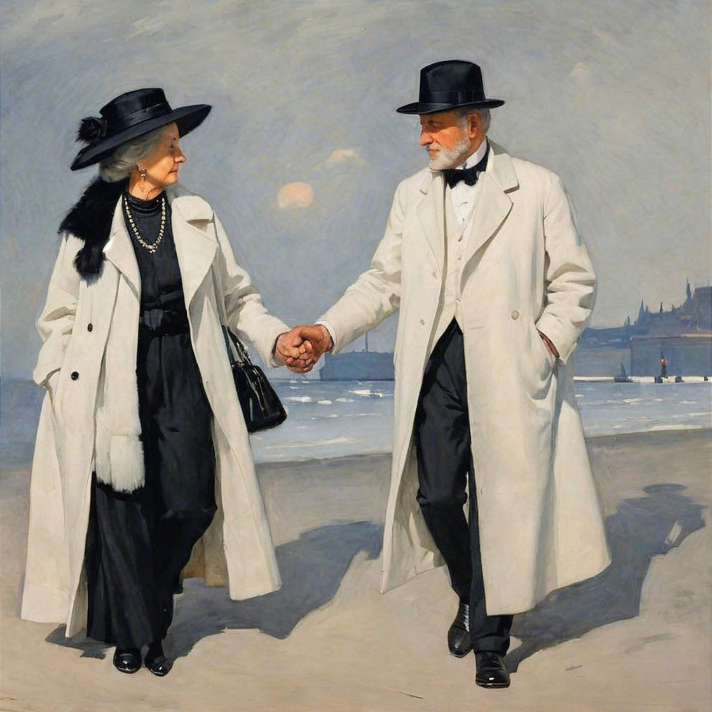 Elderly Couple in Elegant Attire on a Beach Stroll