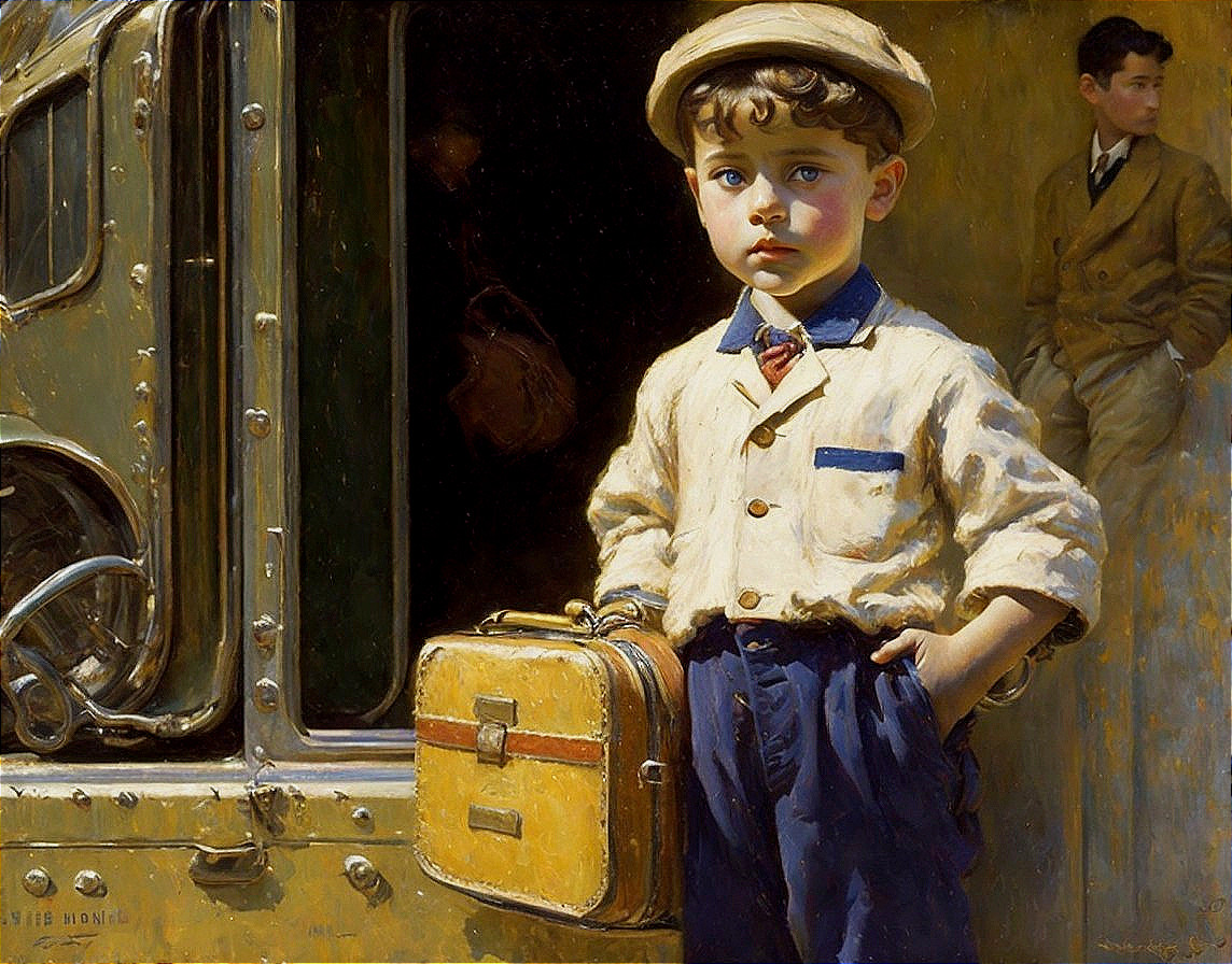 Young Boy with Vintage Vehicle and Yellow Suitcase