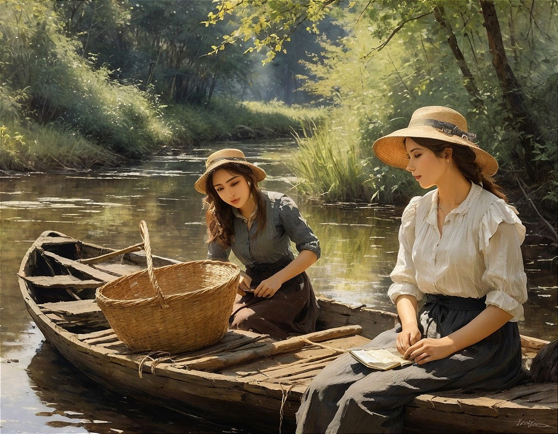 Young Women in Rustic Boat on Serene River