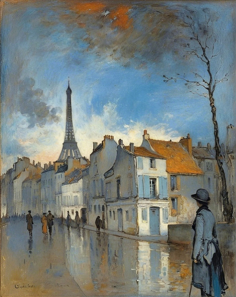 Parisian Street Scene with Eiffel Tower and Overcast Sky