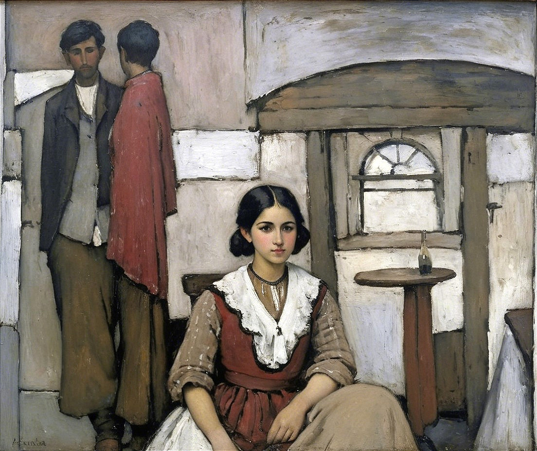 Young Woman in Traditional Outfit with Figures Behind