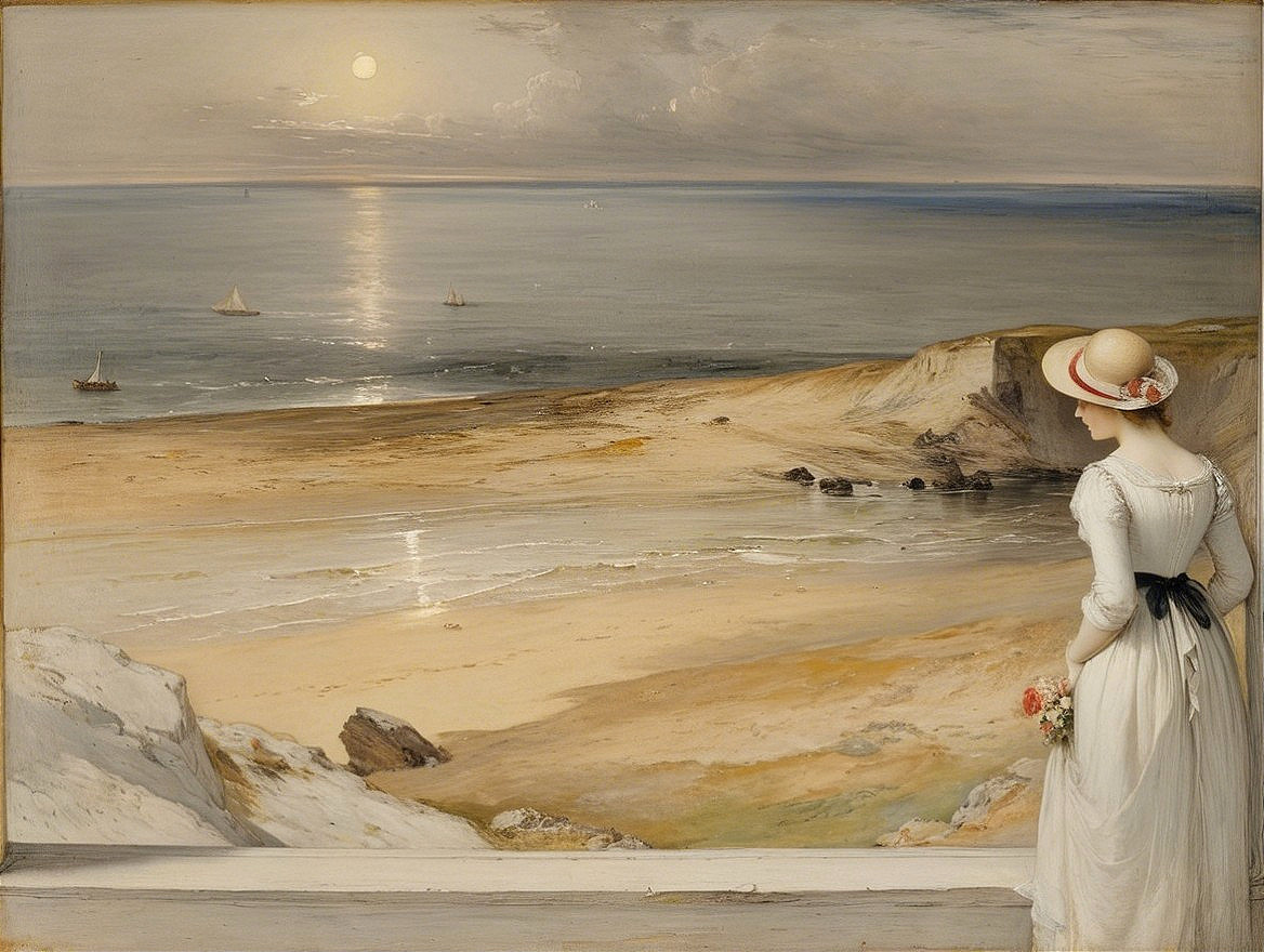Coastal Scene with Woman in White Dress by Moonlight
