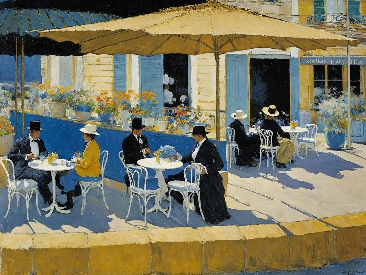 Elegant Outdoor Café Scene with Patrons and Flowers