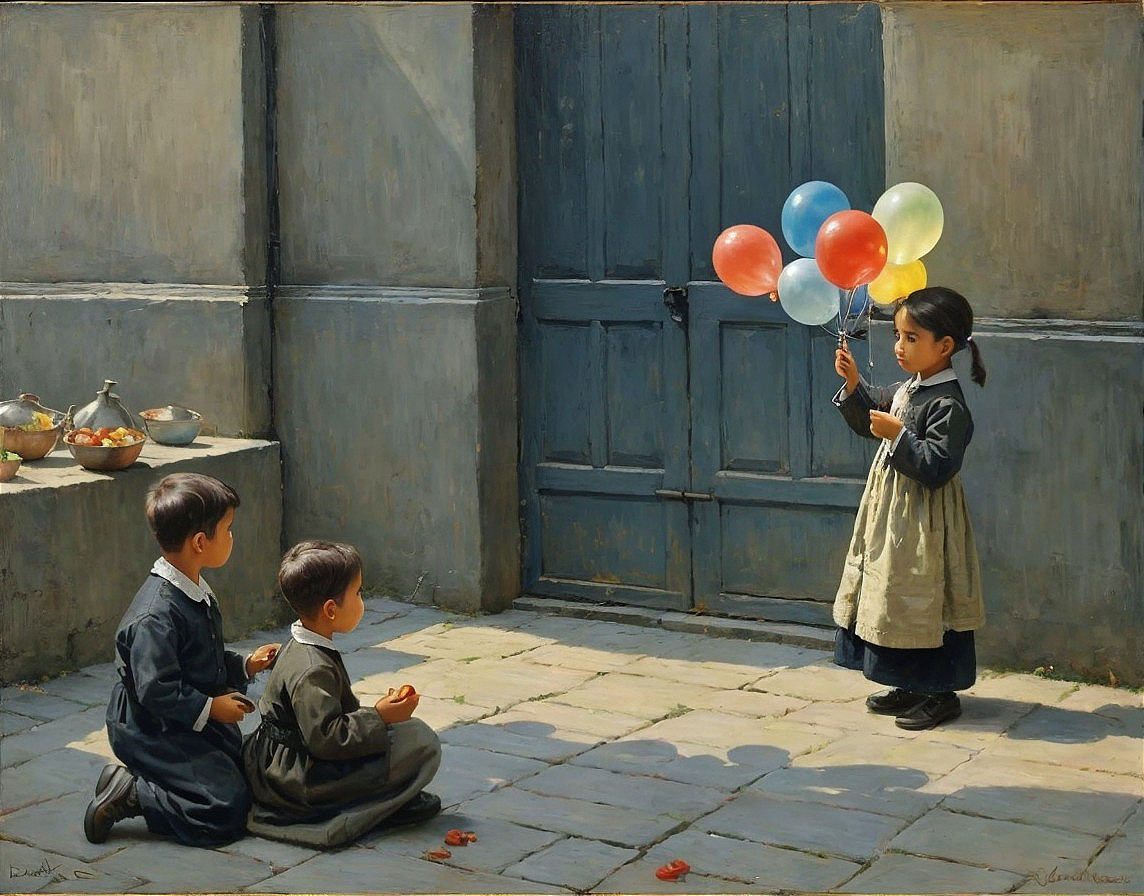 Children in a sunlit courtyard with colorful balloons