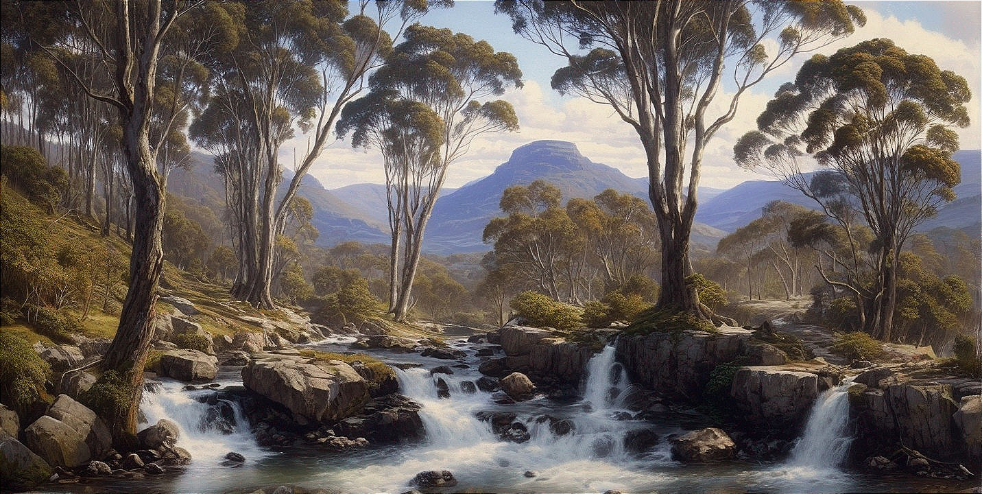 Serene Australian Landscape with Stream and Mountains