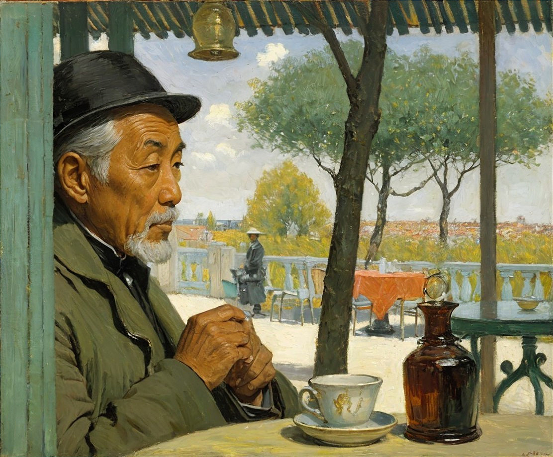 Elderly Man Seated at Café Table in Tranquil Setting