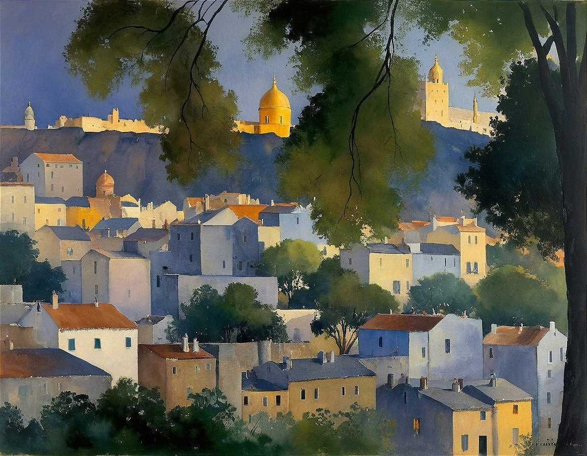 Serene Landscape of a Hilltop Village at Dusk