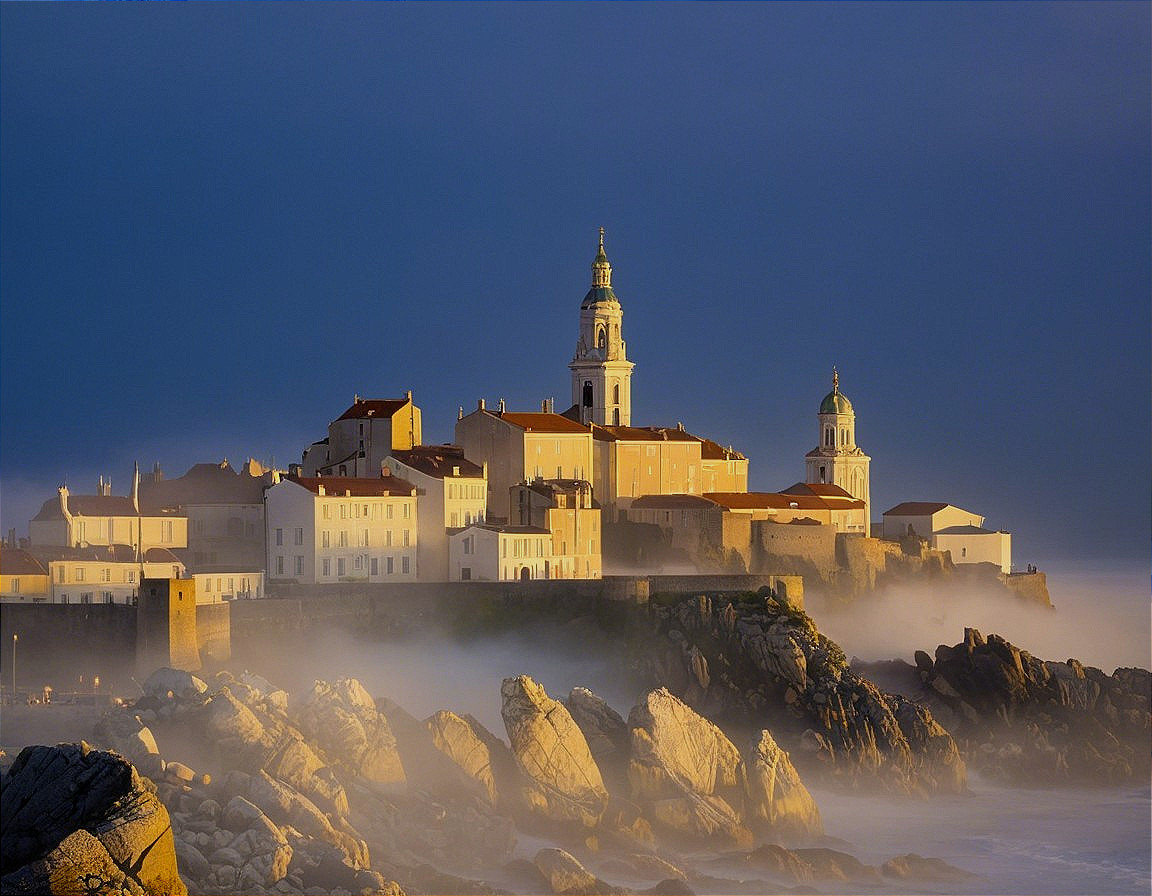 Historic Coastal Town on Rocky Cliffs at Dawn
