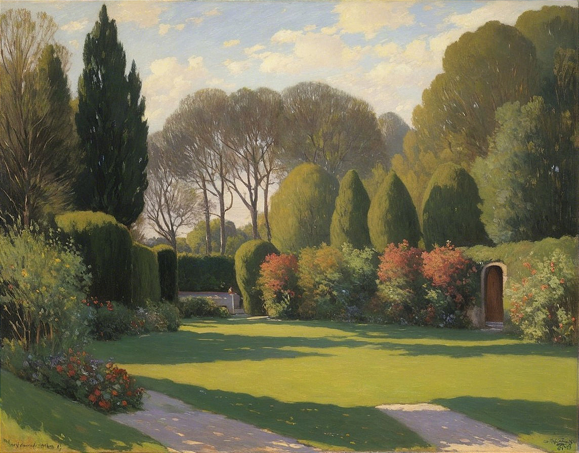Serene Garden Scene with Lush Grass and Colorful Flowers