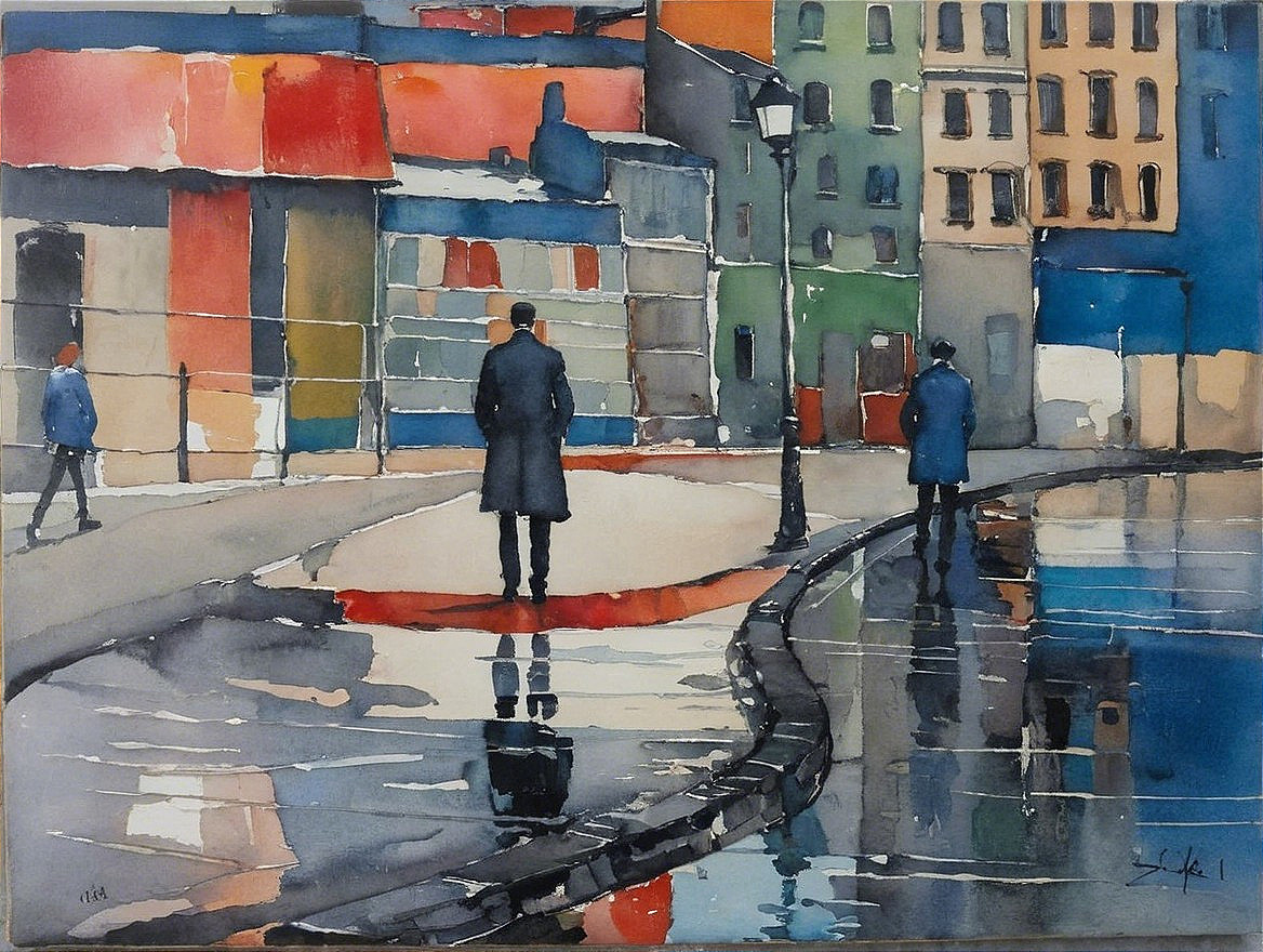 Vibrant Urban Scene with Figures by Reflective Waterfront