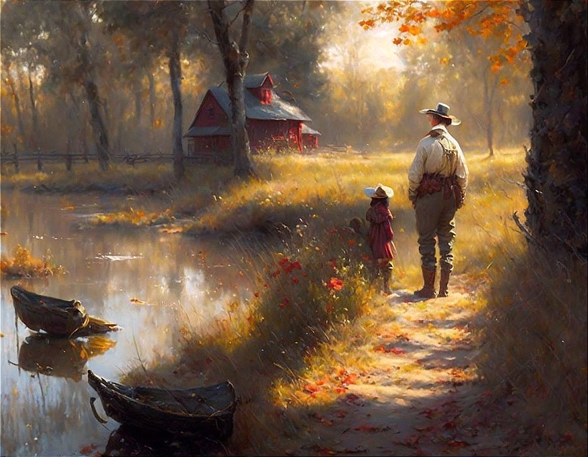 Autumn Scene at a Tranquil Pond with Barn and Boats