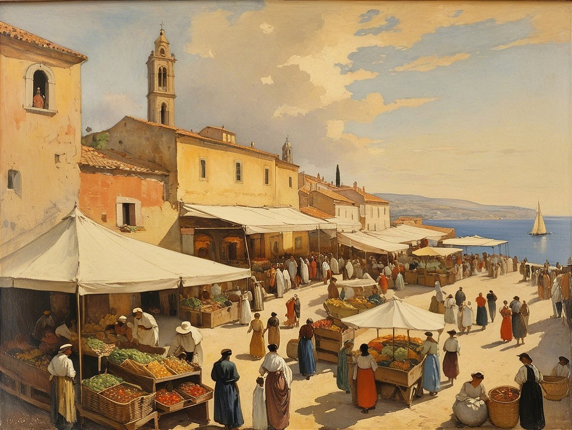 Seaside Market Scene with Vendors and Shoppers