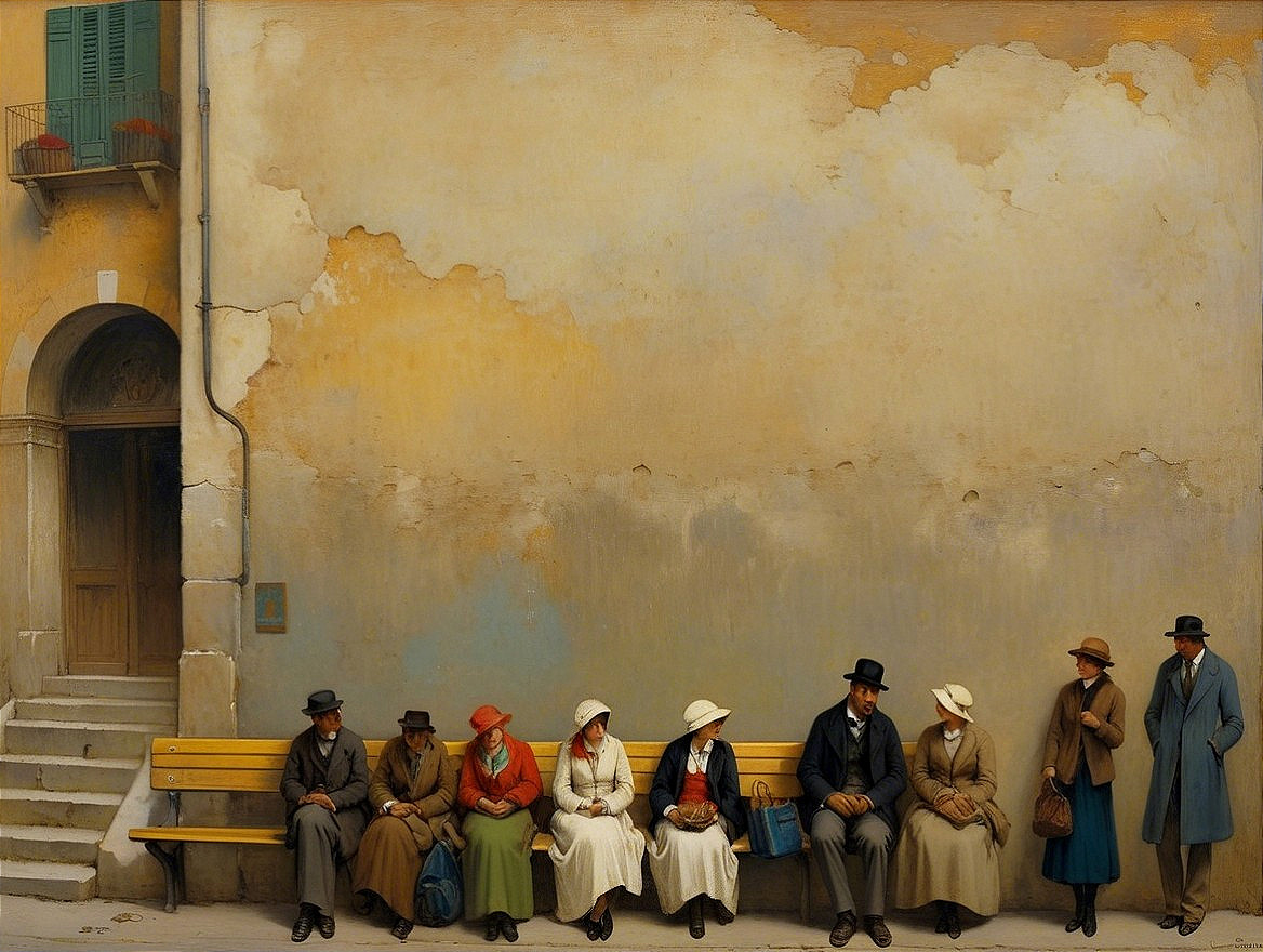 People on Yellow Bench by Pastel Wall in Vintage Attire