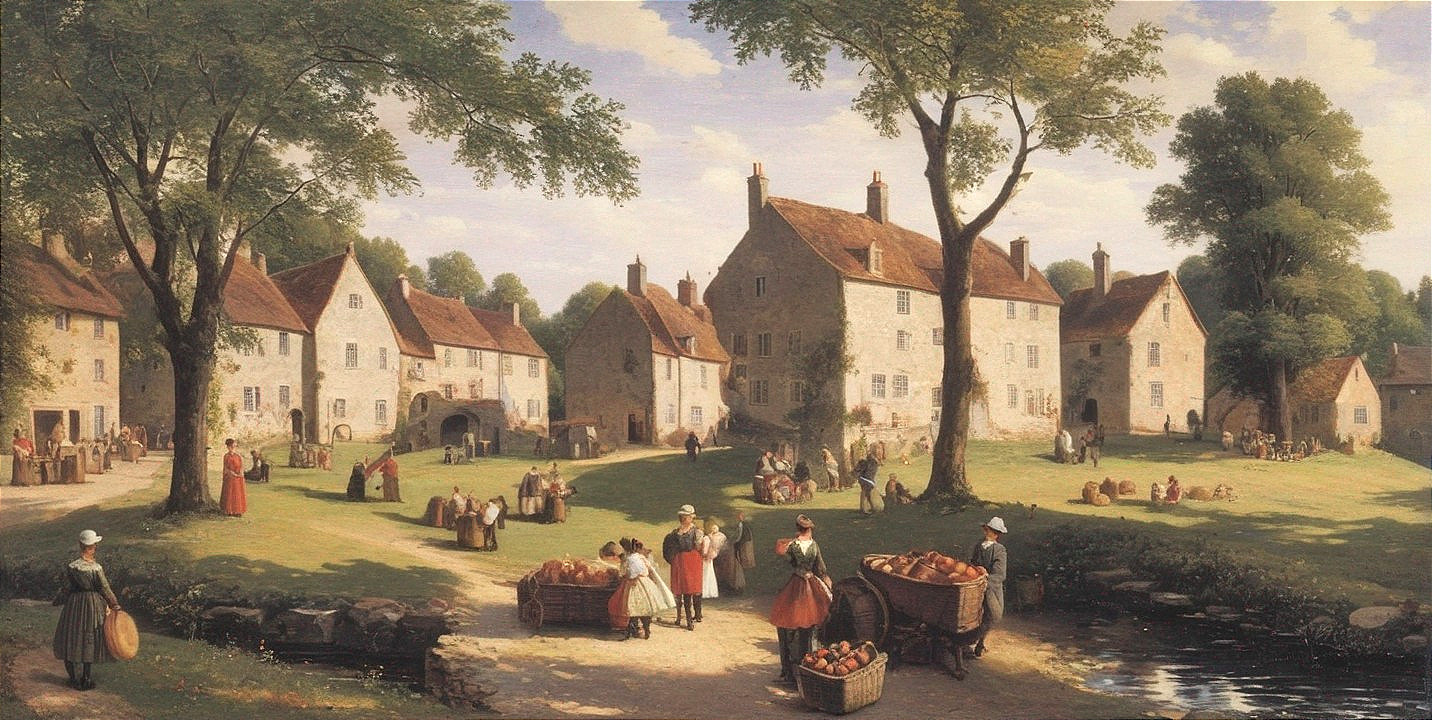 Picturesque Village Scene with Stone Houses and Greenery