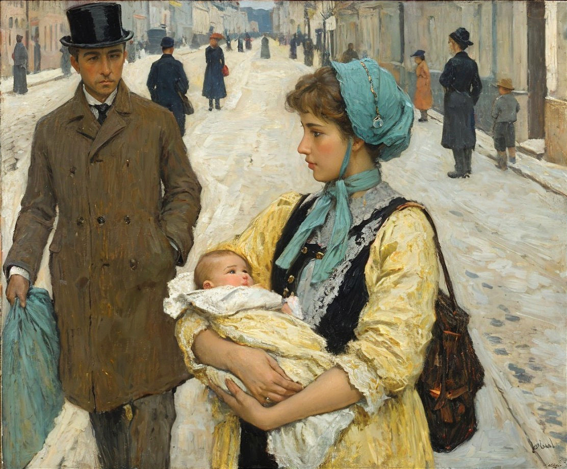 Wintry Street Scene with Woman in Yellow Dress
