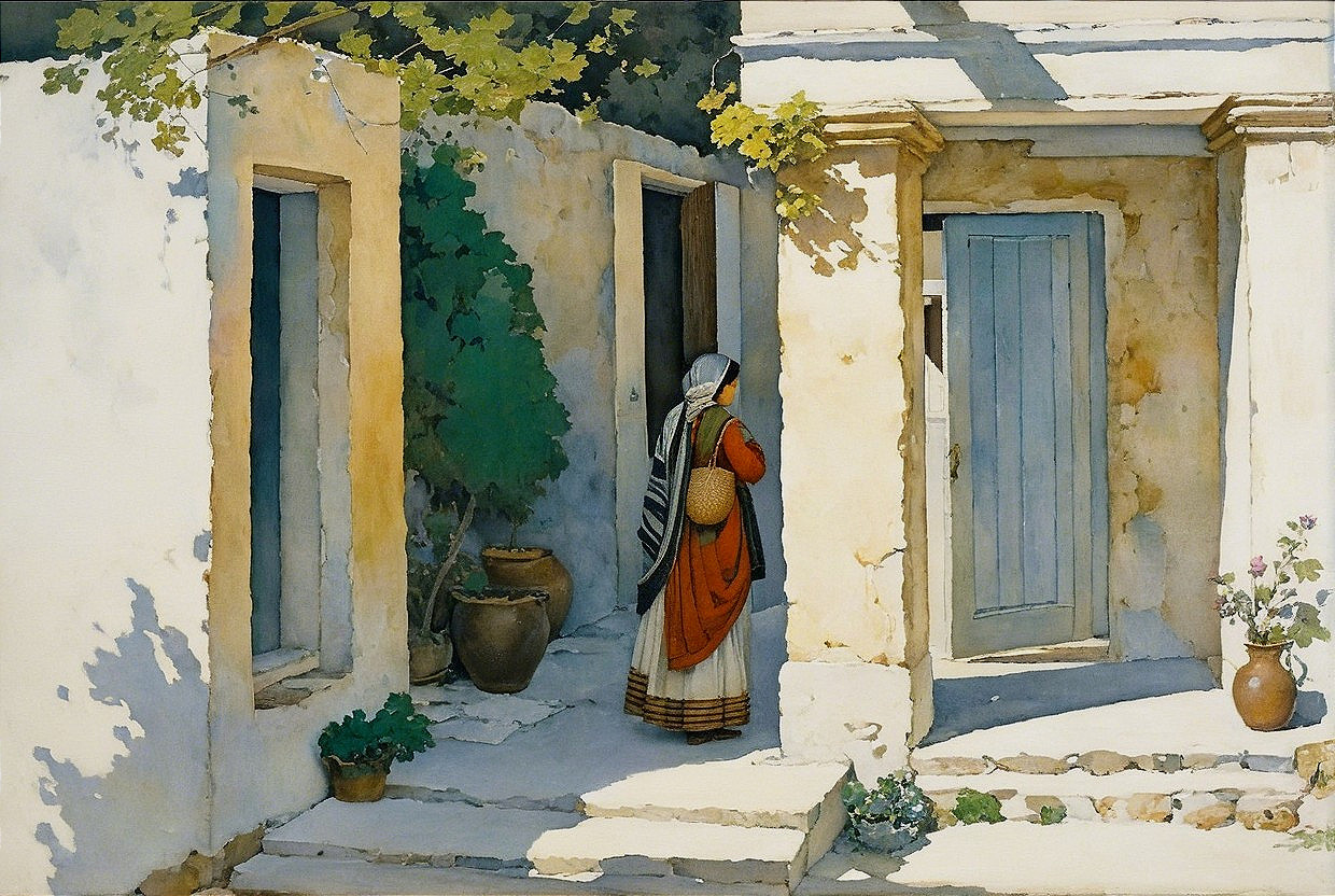 Woman in Traditional Attire at Rustic Building Entrance