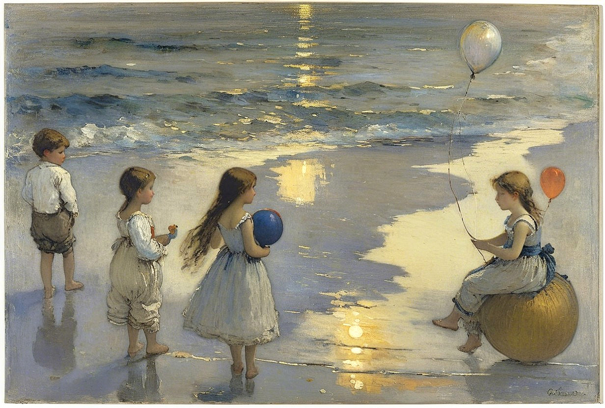 Serene Beach Scene at Sunset with Children Playing