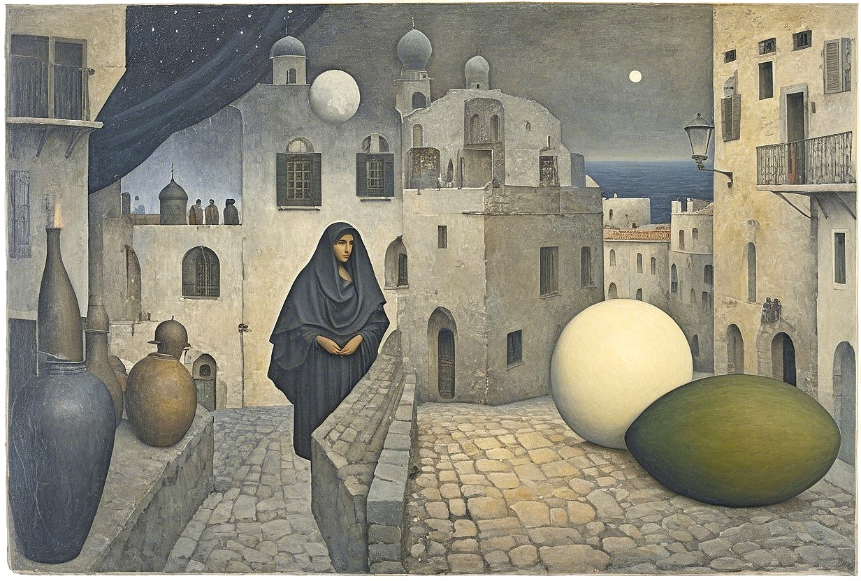 Moonlit Village Scene with Surreal Eggs and Figure