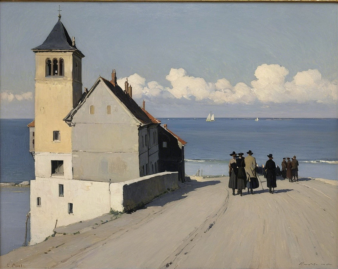 Serene Seaside Scene with Coastal Town and Strolling Figures