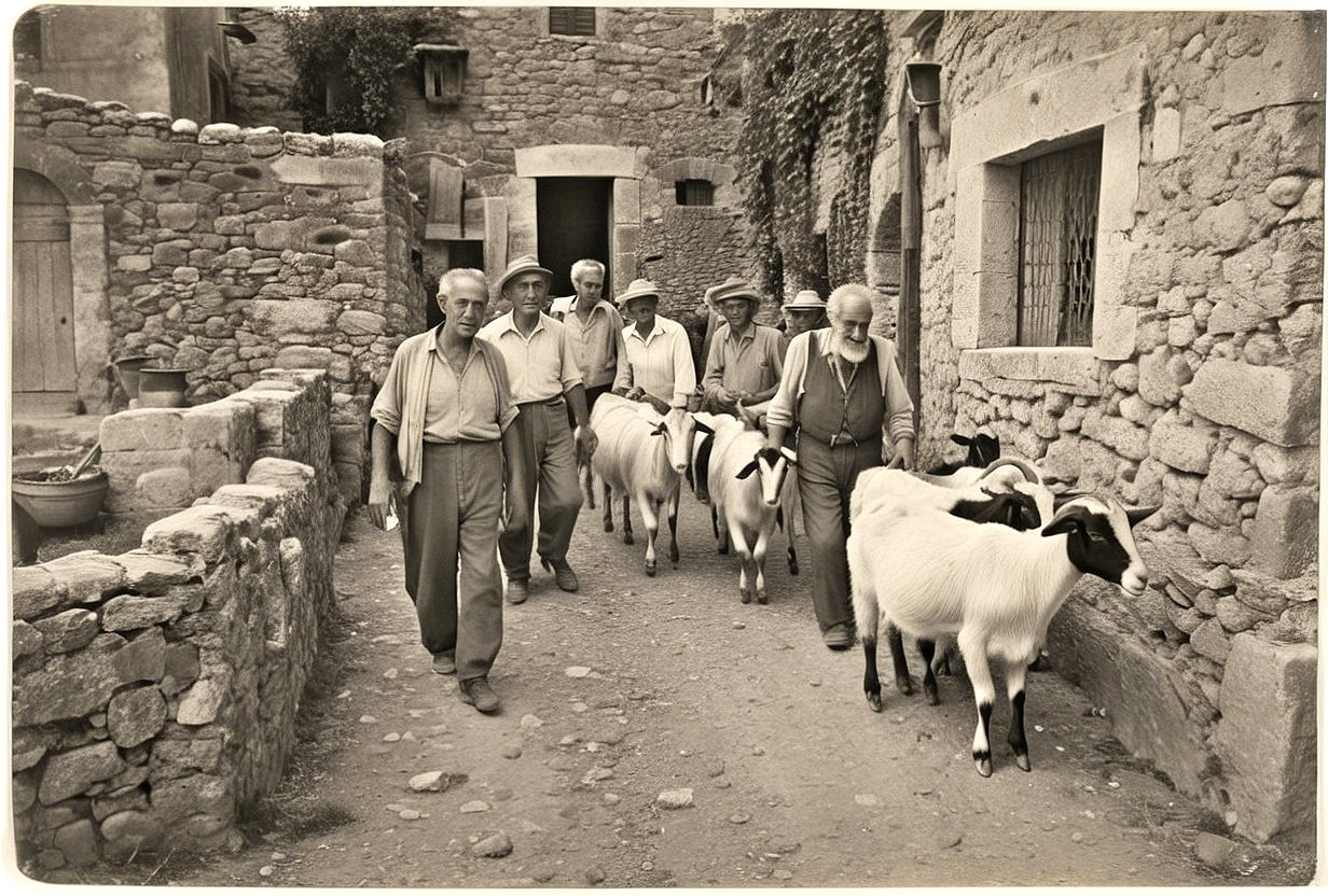 Men Guiding Goats Through a Rural Village Path