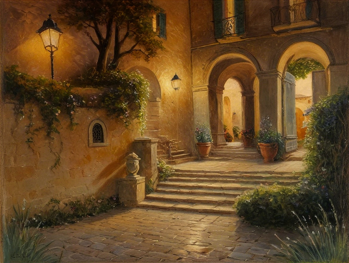 Charming Courtyard with Warm Light and Rustic Architecture