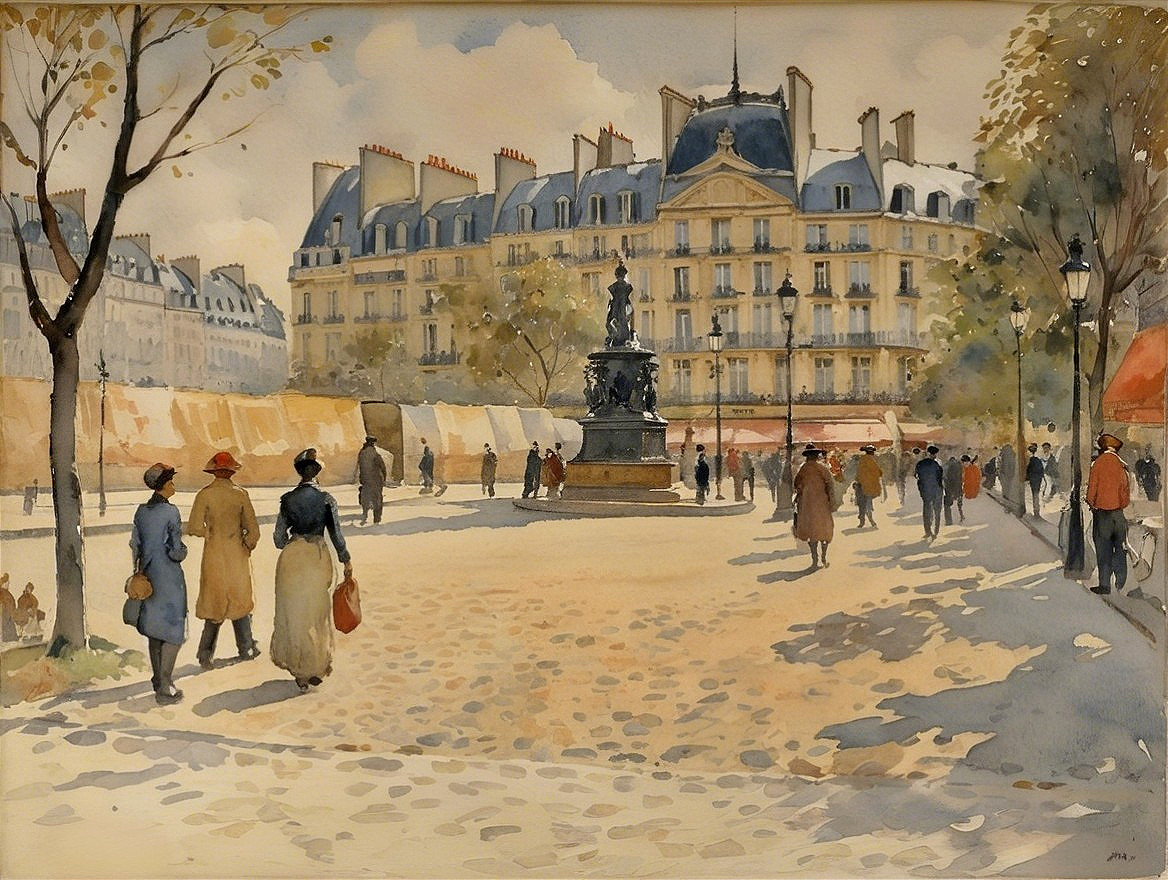 Watercolor Painting of a Parisian Square Scene