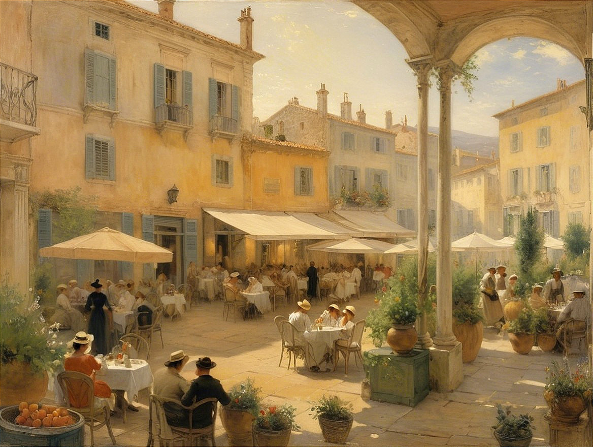 Outdoor café scene in a sunlit square with patrons