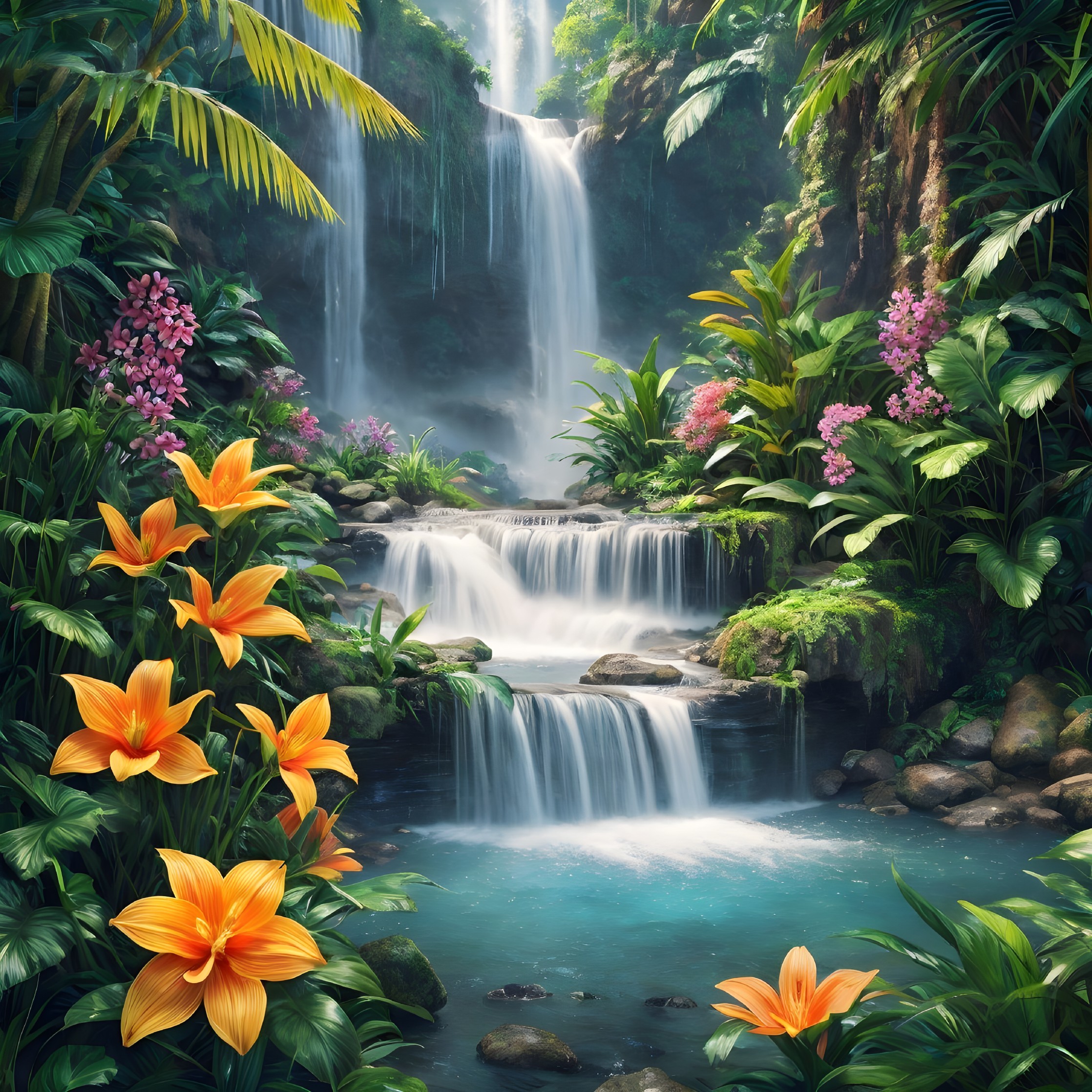 Tropical Landscape with Waterfalls and Vibrant Flora
