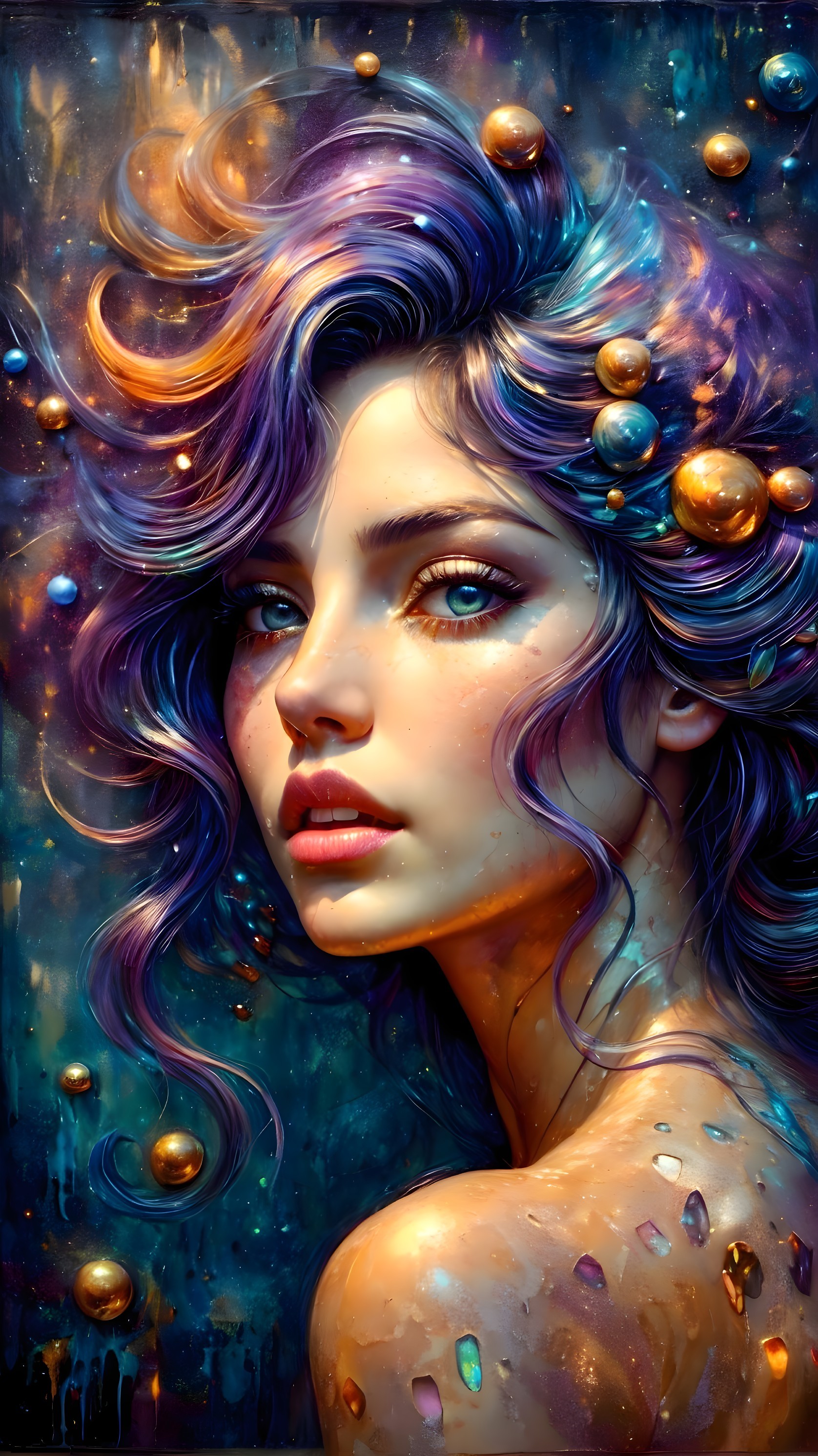 Ethereal Woman with Purple Hair in Cosmic Background