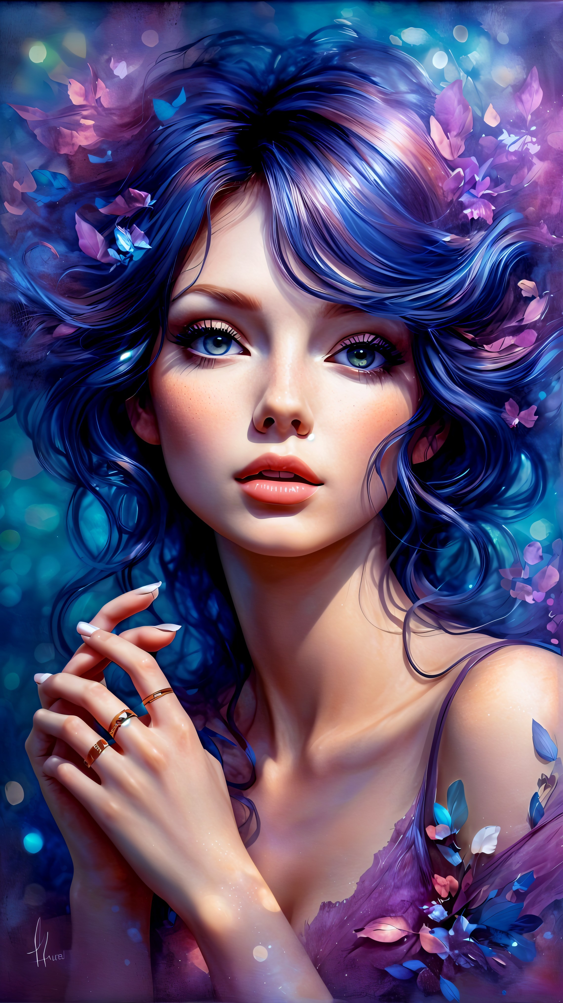 Portrait of a Young Woman with Blue Hair and Flowers