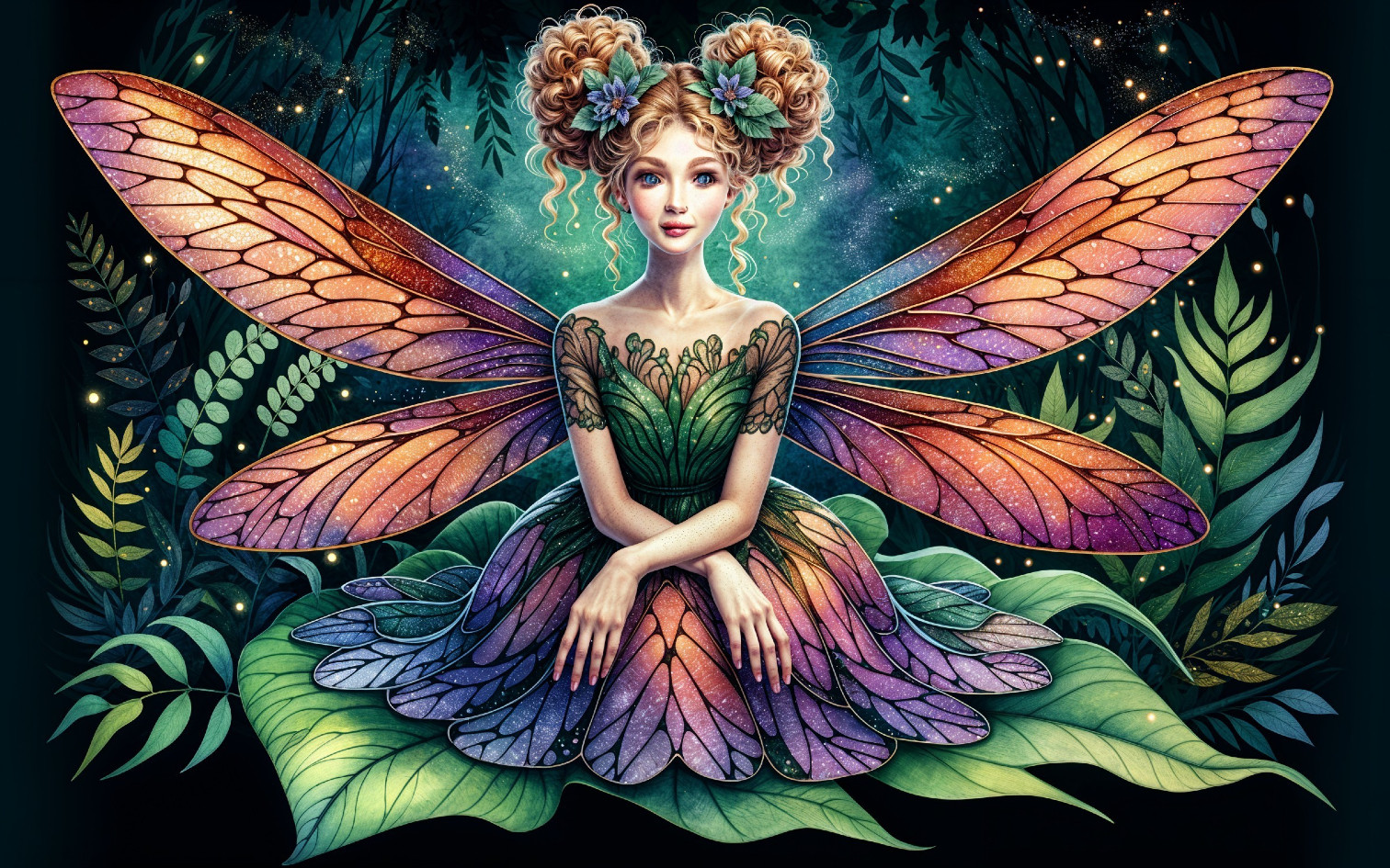 Magical fairy with iridescent wings in lush foliage